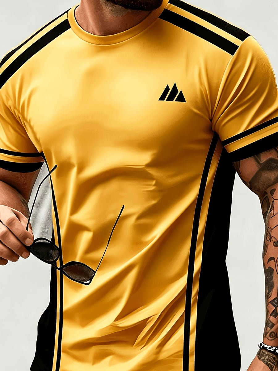 Men'S Trendy Casual Sports T-Shirt, Yellow Black Contrast Striped Mountain Peak Small Label Print Design, Fashionable Thin Breathable T-Shirt, Machine Washable Casual Short Sleeve Top - Multicolor 6