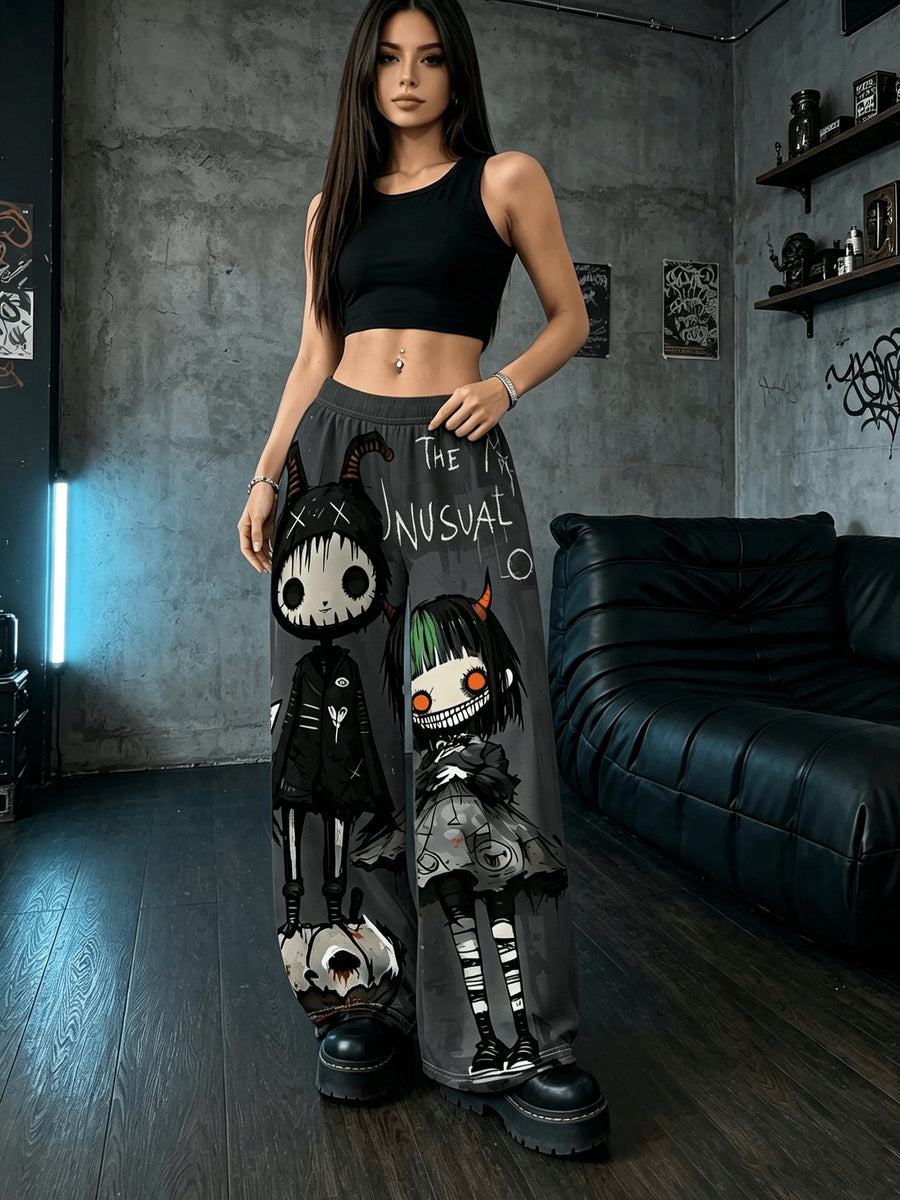 Women'S Digital Print Spring Summer Autumn Retro Horror Doll Cartoon Printed Women'S Trousers, Punk Y2K Subculture Loose Drapey Wide-Leg Pants - Mixed colors