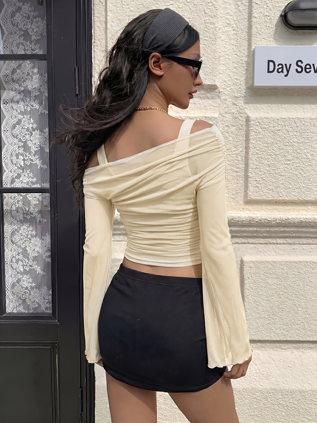 Directional Slanted Collar Ruffled Flared Sleeve Slim Long Sleeve, Off-Shoulder Mesh Sheer Top (Suspender Straps Not Included), Summer, Autumn - Apricot