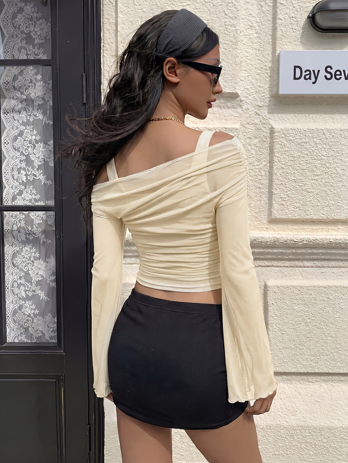 Directional Slanted Collar Ruffled Flared Sleeve Slim Long Sleeve, Off-Shoulder Mesh Sheer Top (Suspender Straps Not Included), Summer, Autumn - Apricot