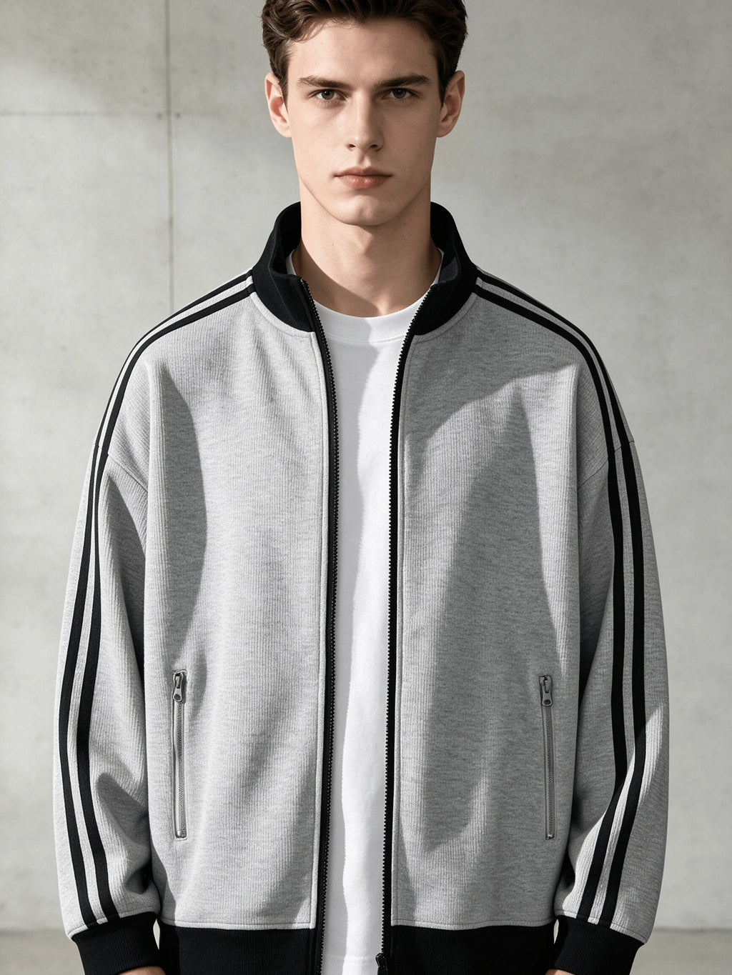 Stand Collar Striped Sports Jacket Waffle Knit Fabric Soft And Breathable Full Zip Closure for Easy Wear Double Zipper Pockets for Storage Drop Shoulder Loose Style Retro Casual, Spring, Fashion, Men, Outdoor, Quick-Dry - Light Hemp Grey