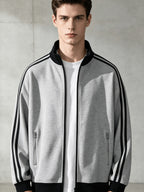 Stand Collar Striped Sports Jacket Waffle Knit Fabric Soft And Breathable Full Zip Closure for Easy Wear Double Zipper Pockets for Storage Drop Shoulder Loose Style Retro Casual, Spring, Fashion, Men, Outdoor, Quick-Dry - Light Hemp Grey