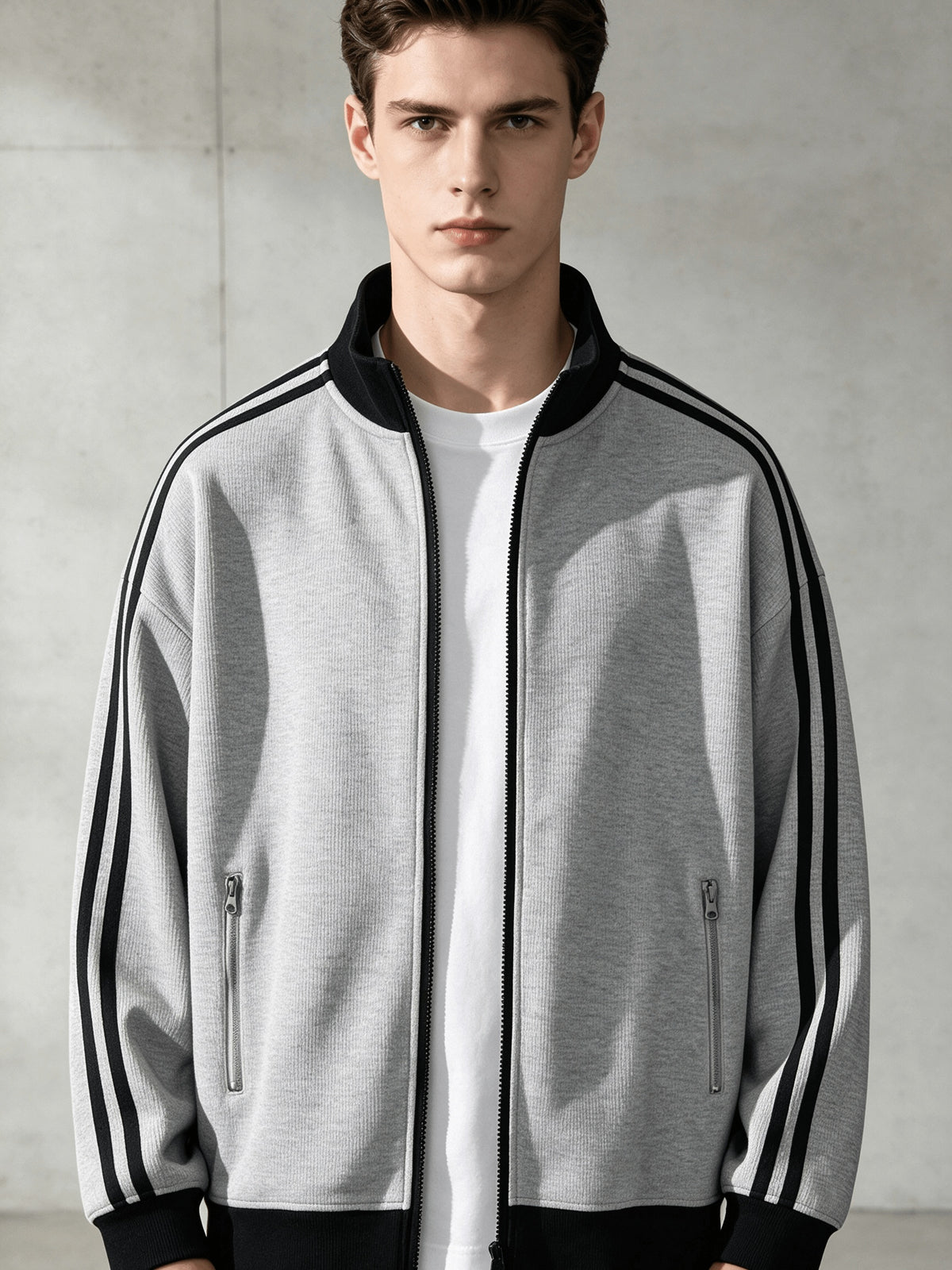 Stand Collar Striped Sports Jacket Waffle Knit Fabric Soft And Breathable Full Zip Closure for Easy Wear Double Zipper Pockets for Storage Drop Shoulder Loose Style Retro Casual, Spring, Fashion, Men, Outdoor, Quick-Dry - Light Hemp Grey