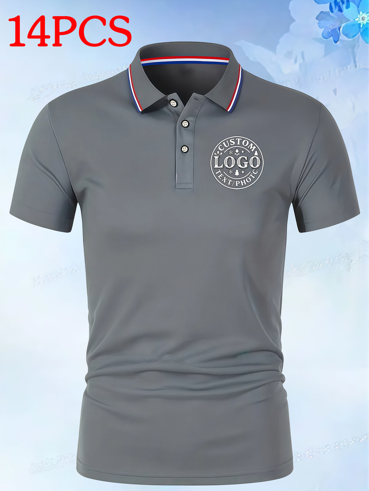 14pcs Classic Solid Color Men'S Polo Shirts, Breathable Lapel High Quality Shirts Casual Fashion Sport - Grey
