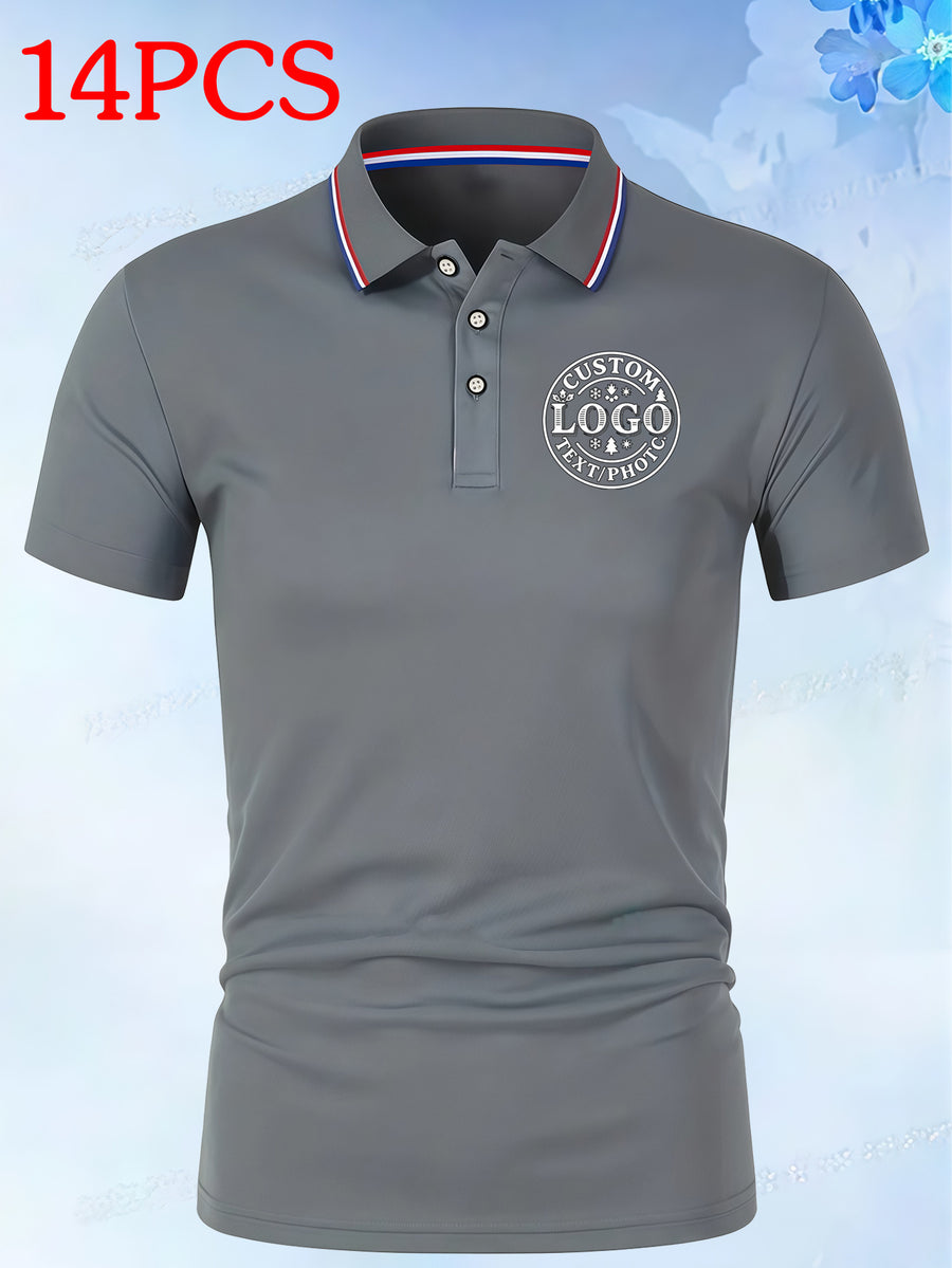 14pcs Classic Solid Color Men'S Polo Shirts, Breathable Lapel High Quality Shirts Casual Fashion Sport - Grey