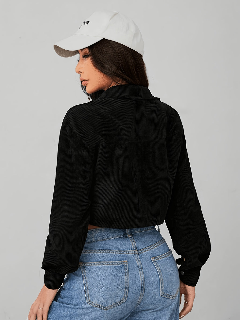 Women'S Lapel Collar Corduroy Jacket | Casual Style, Solid Color, Short Length, Long Sleeve, Button Details For Spring/Fall - Black