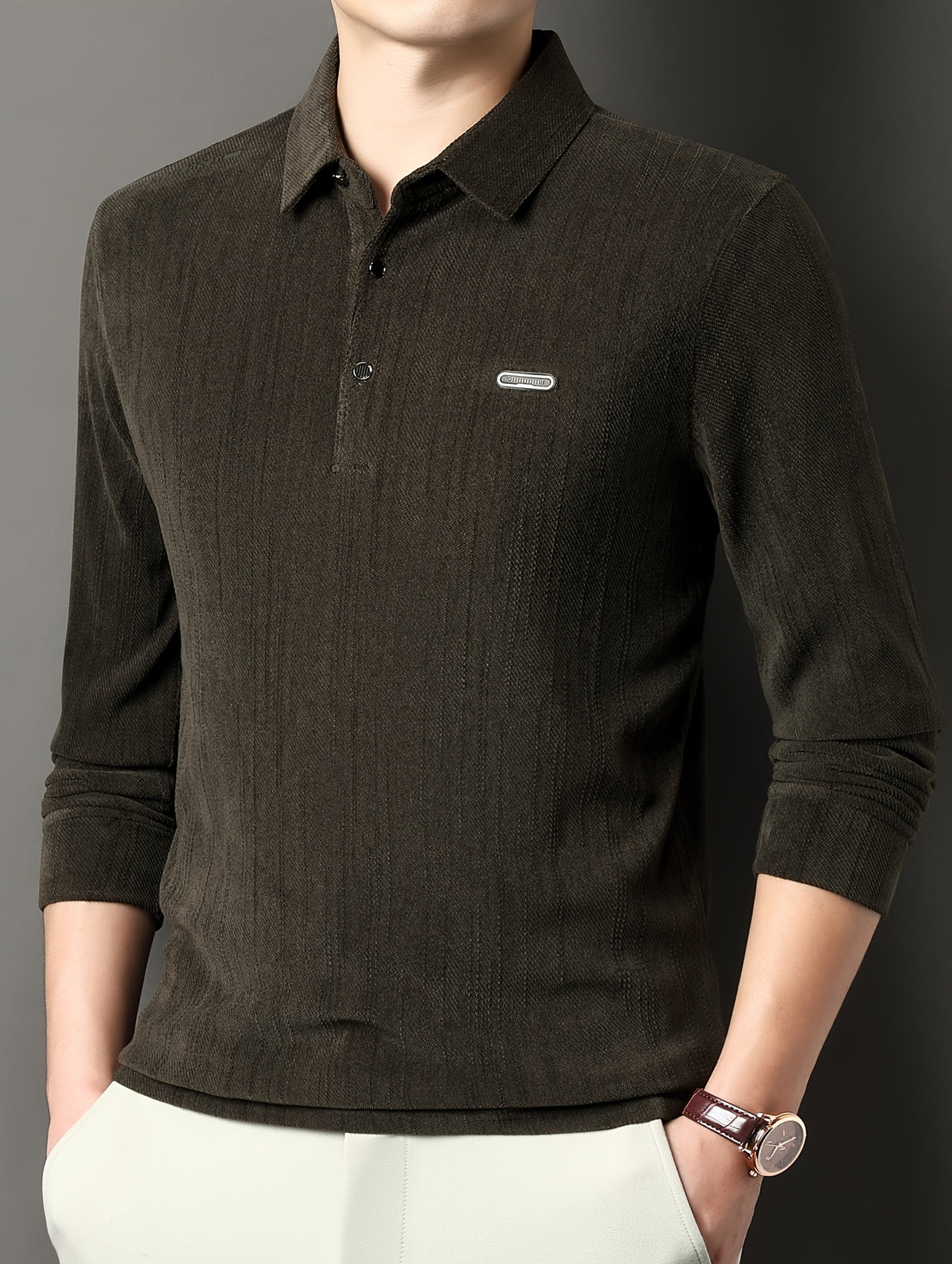 Men's Spring/Autumn Lightweight Knitted Long-Sleeve Polo Shirt with Vertical Stripe Texture, Lapel Collar, Three-Button Placket, Business Casual Versatile Base Layer Top for Middle-Aged Men - Olive Green