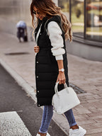 Women'S Stand-Up Collar Hooded Mid-Length Warm Quilted Vest Jacket, Double-Ended Zipper Design, Outer Placket Button Structure, Sleeveless Slim Fit, Lightweight And Comfortable, with Practical Pockets - Black