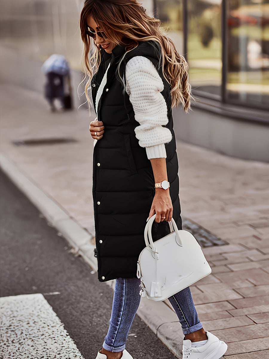 Women'S Stand-Up Collar Hooded Mid-Length Warm Quilted Vest Jacket, Double-Ended Zipper Design, Outer Placket Button Structure, Sleeveless Slim Fit, Lightweight And Comfortable, with Practical Pockets - Black