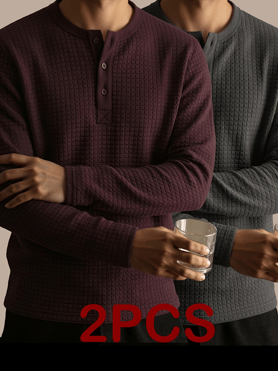 Men's Autumn Two-pc Waffle Knit Henley Long-Sleeve Sweater, Soft Three-Dimensional Checkered Textured Fabric, Three-Button Placket for Adjustable Collar, Simple Casual Commuter Style, Can Be Worn Alone or as a Layering Piece, Suitable for Daily - Wine Red, Dark Gray