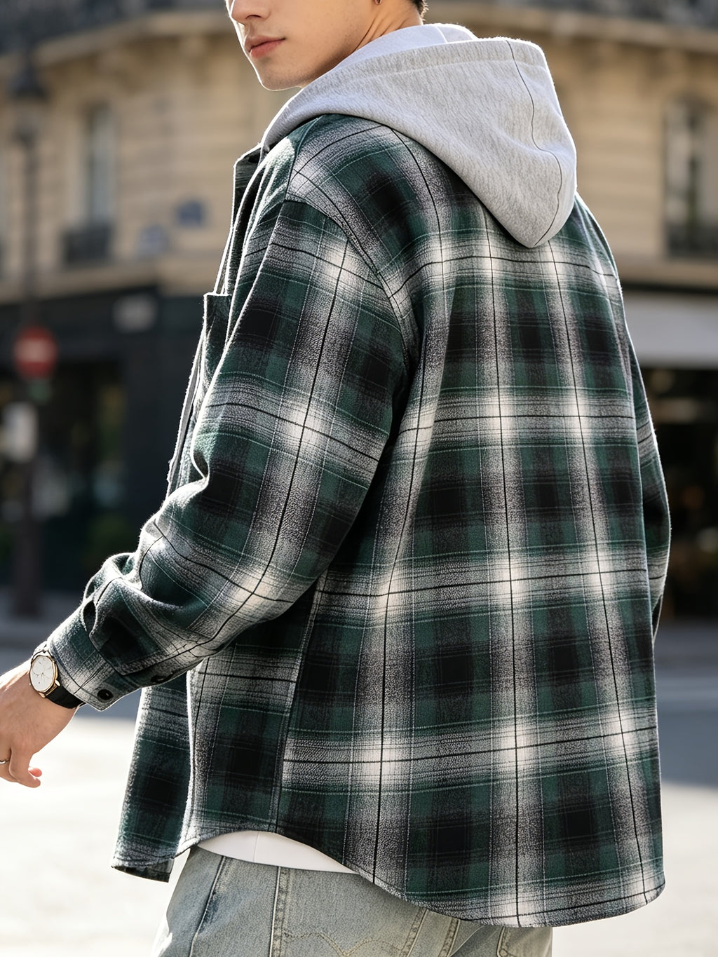 Men'S Hooded Plaid Shirt Jacket, Classic Color-Block Checkered Design, Layered And Practical, Loose Drop Shoulder Fit, Easy And Elegant Chest Pocket Detail, Suitable for Spring/Autumn Daily Commute, Casual Outings, And Dates - Green Grid