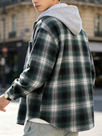 Men'S Hooded Plaid Shirt Jacket, Classic Color-Block Checkered Design, Layered And Practical, Loose Drop Shoulder Fit, Easy And Elegant Chest Pocket Detail, Suitable for Spring/Autumn Daily Commute, Casual Outings, And Dates - Green Grid