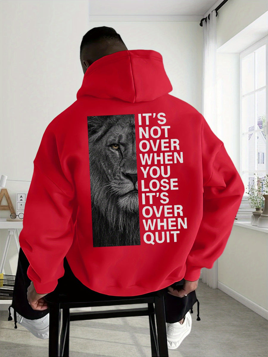 Men'S Casual Hooded Sweatshirt with Graphic - "It'S Not Over Until You Quit" Design, Thick Sportswear, Long Sleeve, Regular Fit, Ideal for Spring/Fall, Autumn Casual Wear|Casual Style Hoodie| Sweatshirt - Red