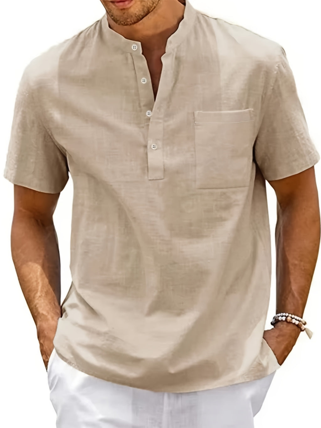 Men'S Summer Henley Collar Short Sleeve T-Shirt, Stand-Up Collar Casual Top, Breathable Linen, for Pool Parties, Beach Vacations, Ideal Choice for Beachwear Gifts - Khaki