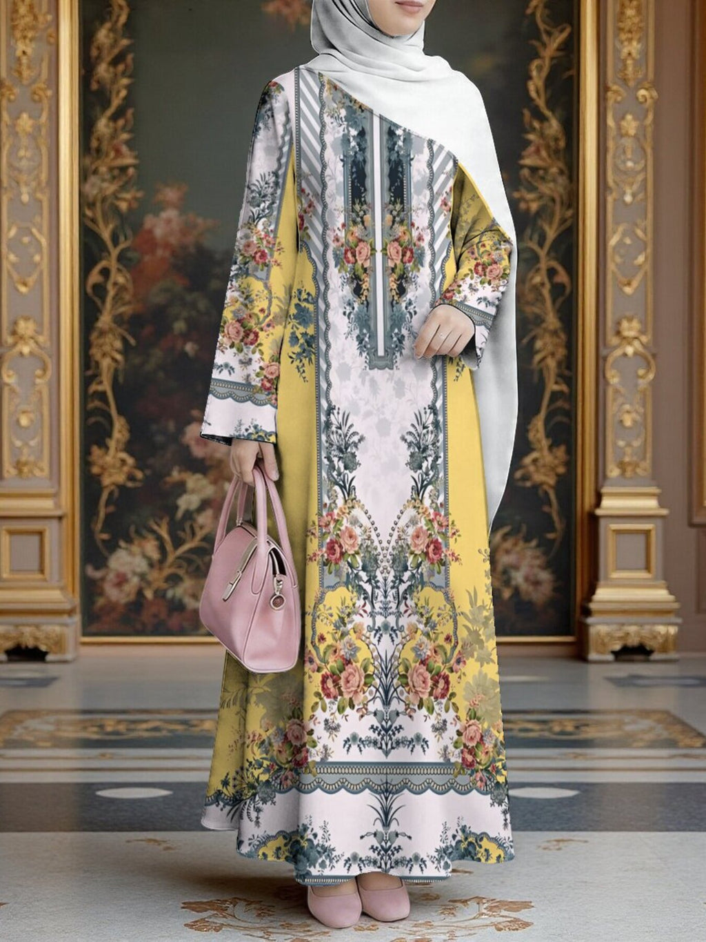 Women'S Hot Middle Eastern Style Muslim Elegant Robe, Yellow White Retro Ethnic Floral All-Over Print Long Dress, Loose Long Sleeve Flared Skirt, for Prayer, Gatherings, And Daily Outings, Flowing And Breathable Non- Craft - Mixed colors