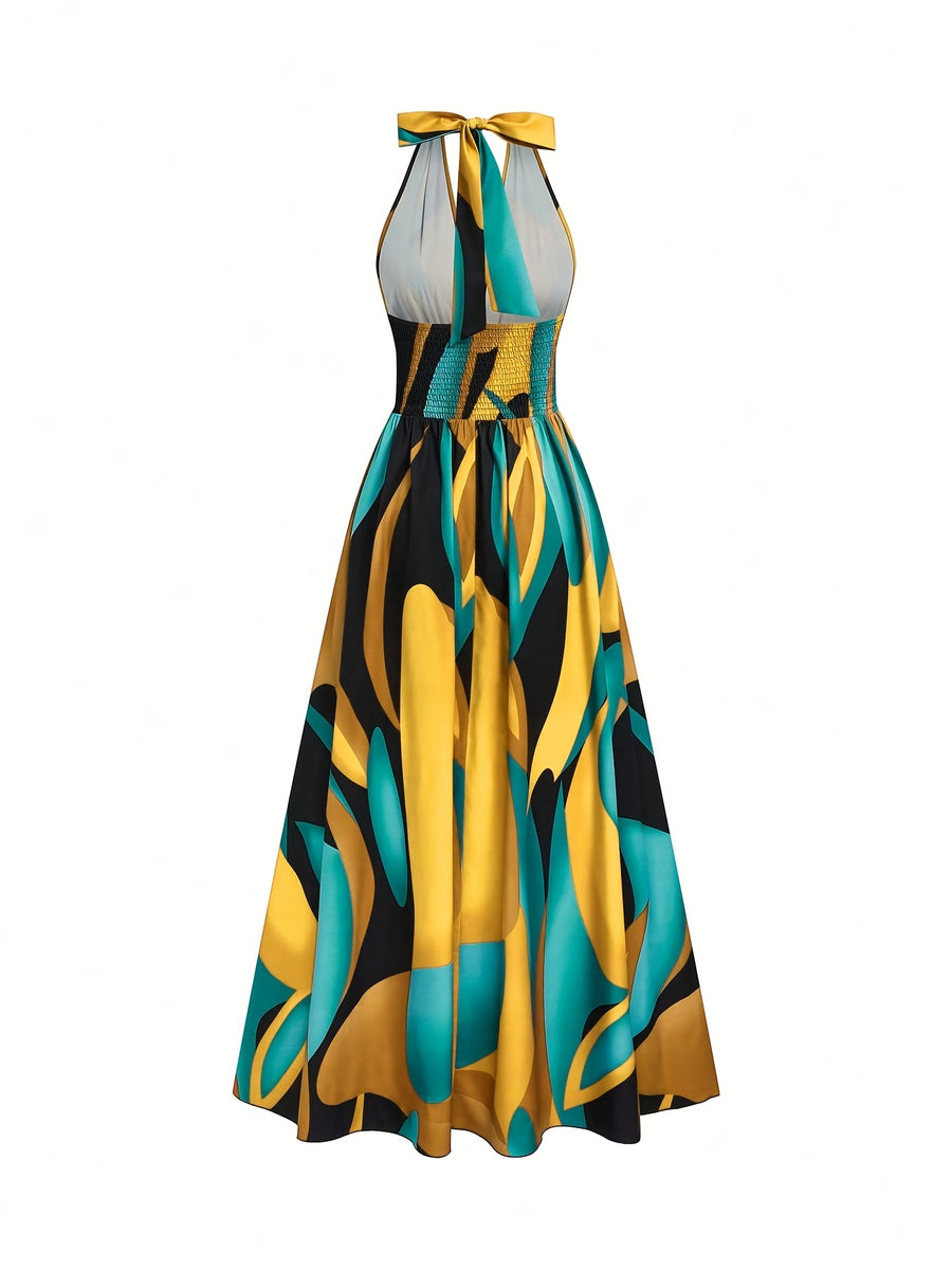 New French-Style Casual Elegant Sexy High-End Design V-Neck Backless Spaghetti Strap Waist-Revealing A-Line Slit Sleeveless Long Dress, Red and Green Floral Print, High-Quality Exquisite Women's Clothing - Yellow
