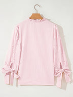 Women's Striped Fabric Top with Faux Pearl Bow, Ruffled Hem, and Tie-Front, Pink, Spring/Summer Style - pink