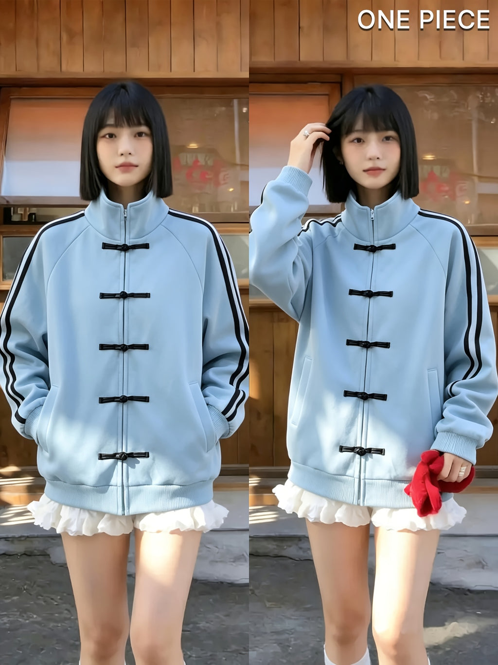 1pc Women'S And Men'S Jacket with Chinese Retro Stand Collar And Striped Patchwork Design - Front Zipper And Tie-Up Closure, Suitable for Parties, Daily Commute, And Casual Wear - Fashionable Retro Warm Outerwear, Light Board - Blue