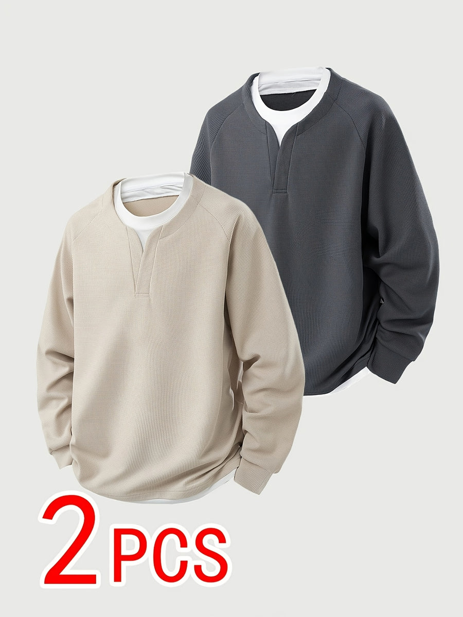 2pcs Men's Waffle Knit Sweatshirt, Stylish 2-in-1 Look Design, Men's Long Sleeve Base Layer, Men's Pullover Top, Men's Gift - Khaki+Grey