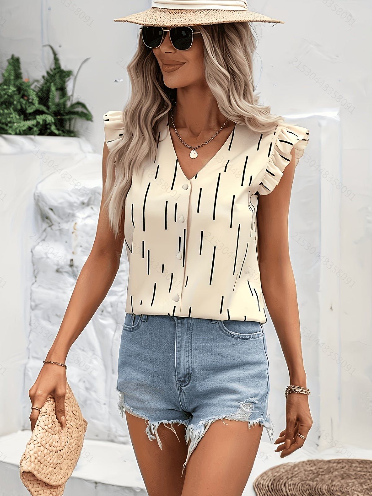 Striped Print Ruffled Sleeve V-Neck Button-Up Top - Apricot