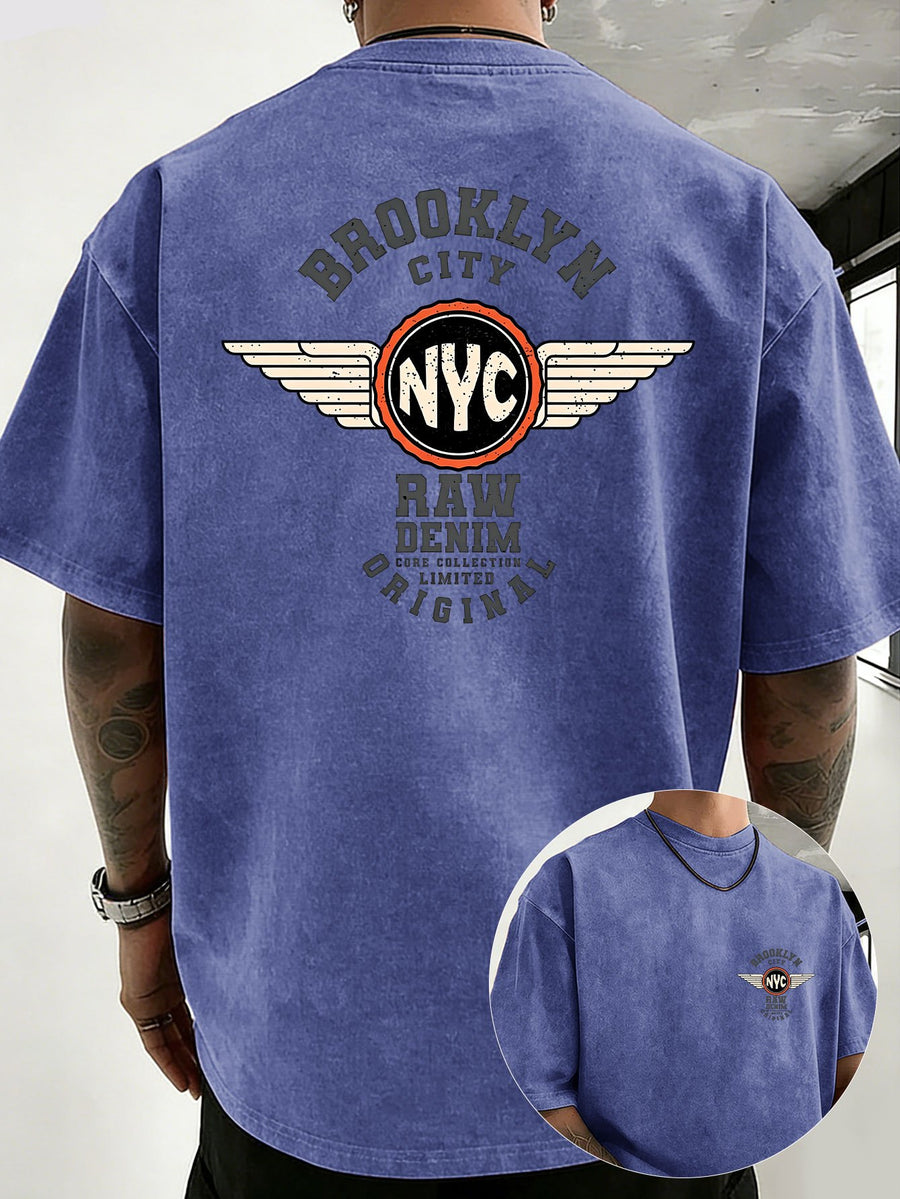 Unisex Washed Distressed Pure Cotton T-Shirt with Positioned Double-Sided Print, Loose Fit, Crew Neck, Short Sleeves, Trendy Casual Style, Available in 12 Colors - Royal Blue