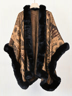 Women's Faux Trim Cape Shawl, Pea Rooster Pattern Acrylic Poncho Wrap, Open Front Sleeveless Fall Winter Outerwear - Dark camel