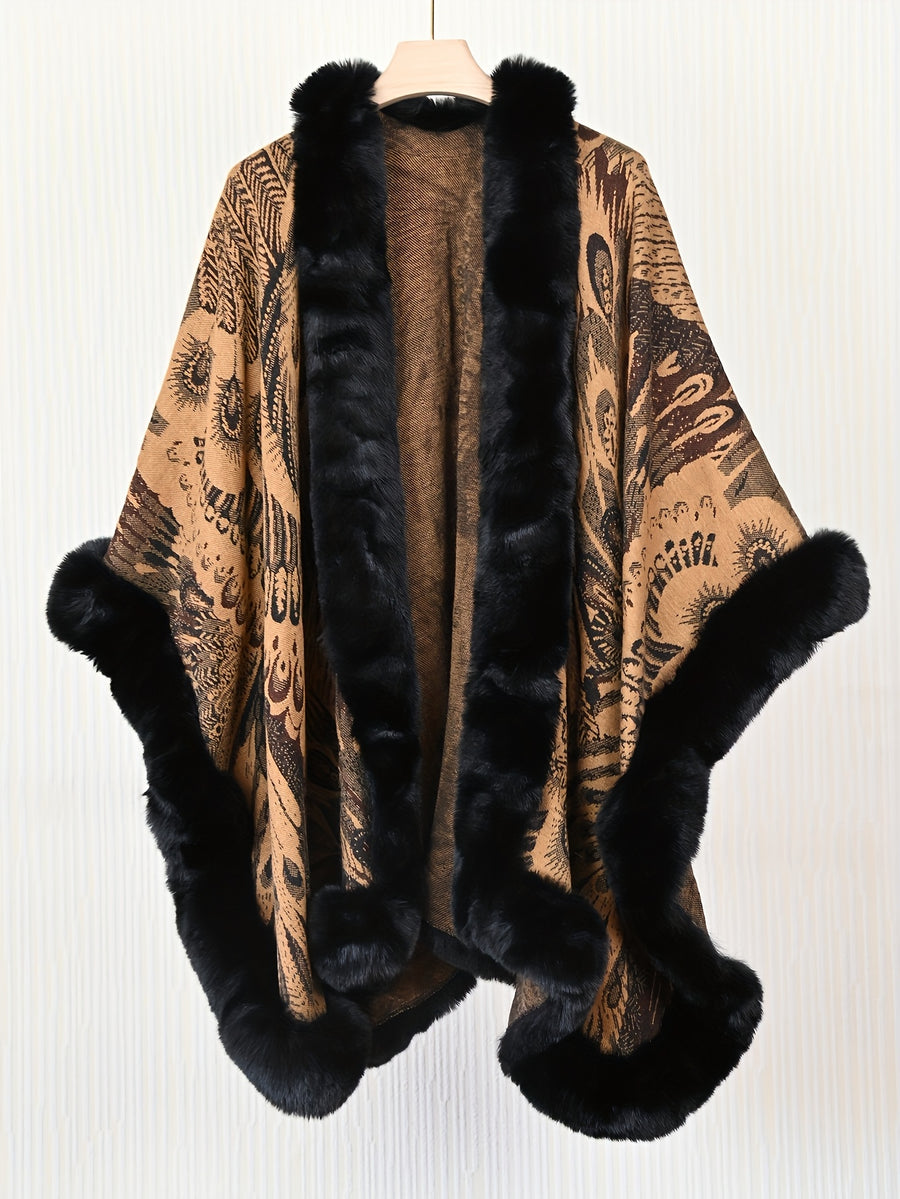 Women's Faux Trim Cape Shawl, Pea Rooster Pattern Acrylic Poncho Wrap, Open Front Sleeveless Fall Winter Outerwear - Dark camel