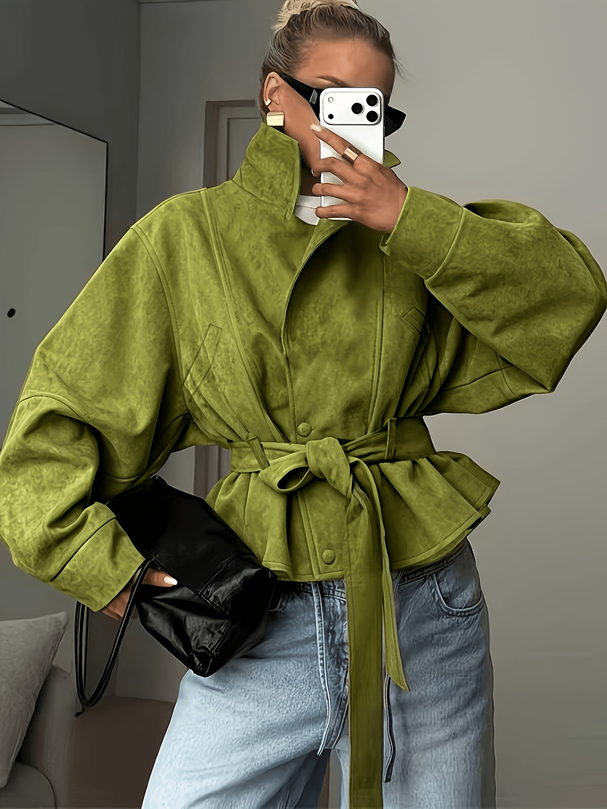 New Cross-Border Women'S Fashionable Elegant Women'S Early Autumn Tie-Up Solid Color Long Sleeve Coat - Green