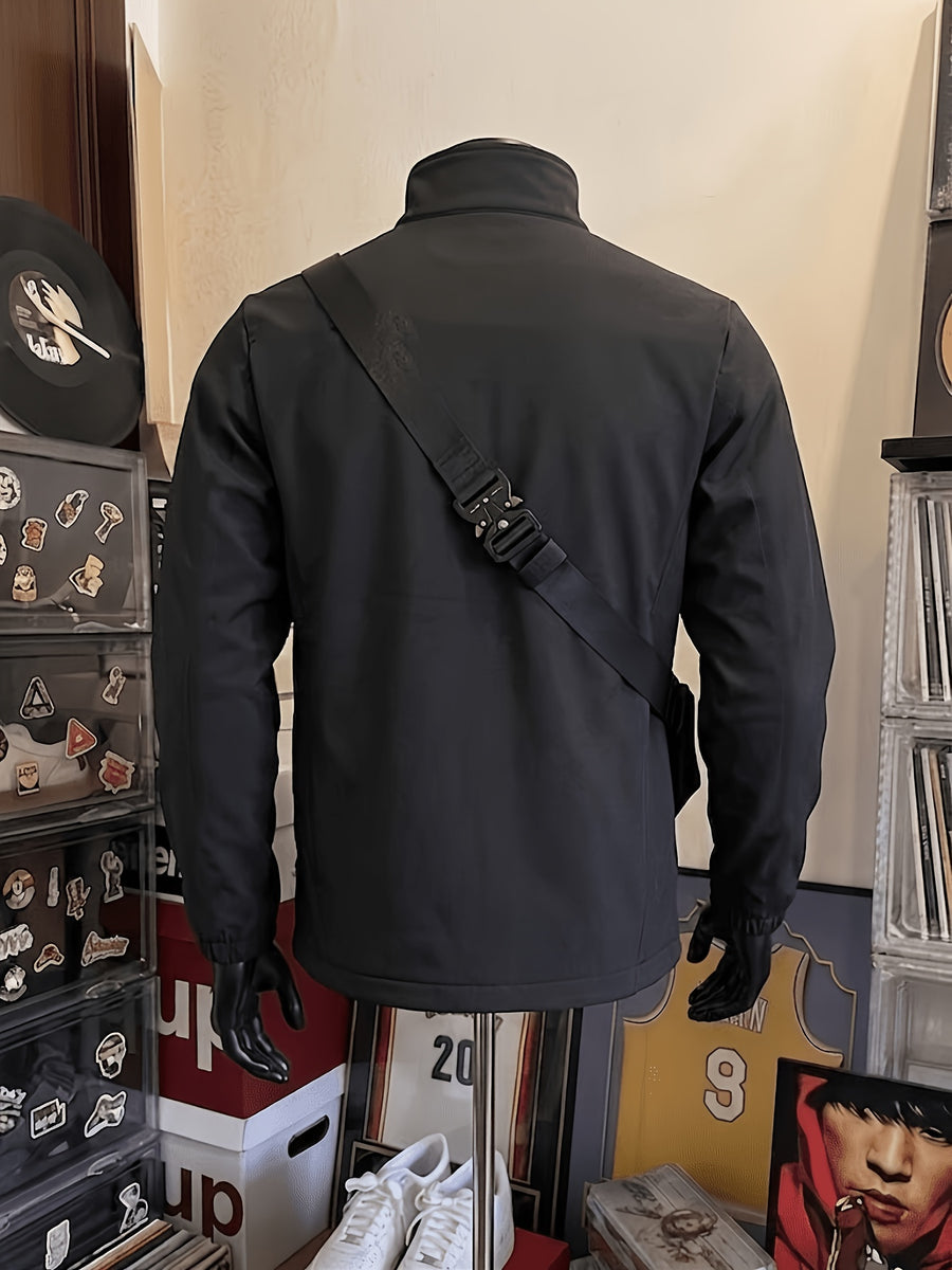 Autumn/Winter Refresh Single-Piece Men's Stand-Up Collar Full-Zip Soft Shell Jacket, Chest Pocket Zipper, Elastic Cuffs, American High Street Functional Style, Loose and Draped, Versatile for Commuting and Streetwear, High-End Texture Men's Jacket - Black