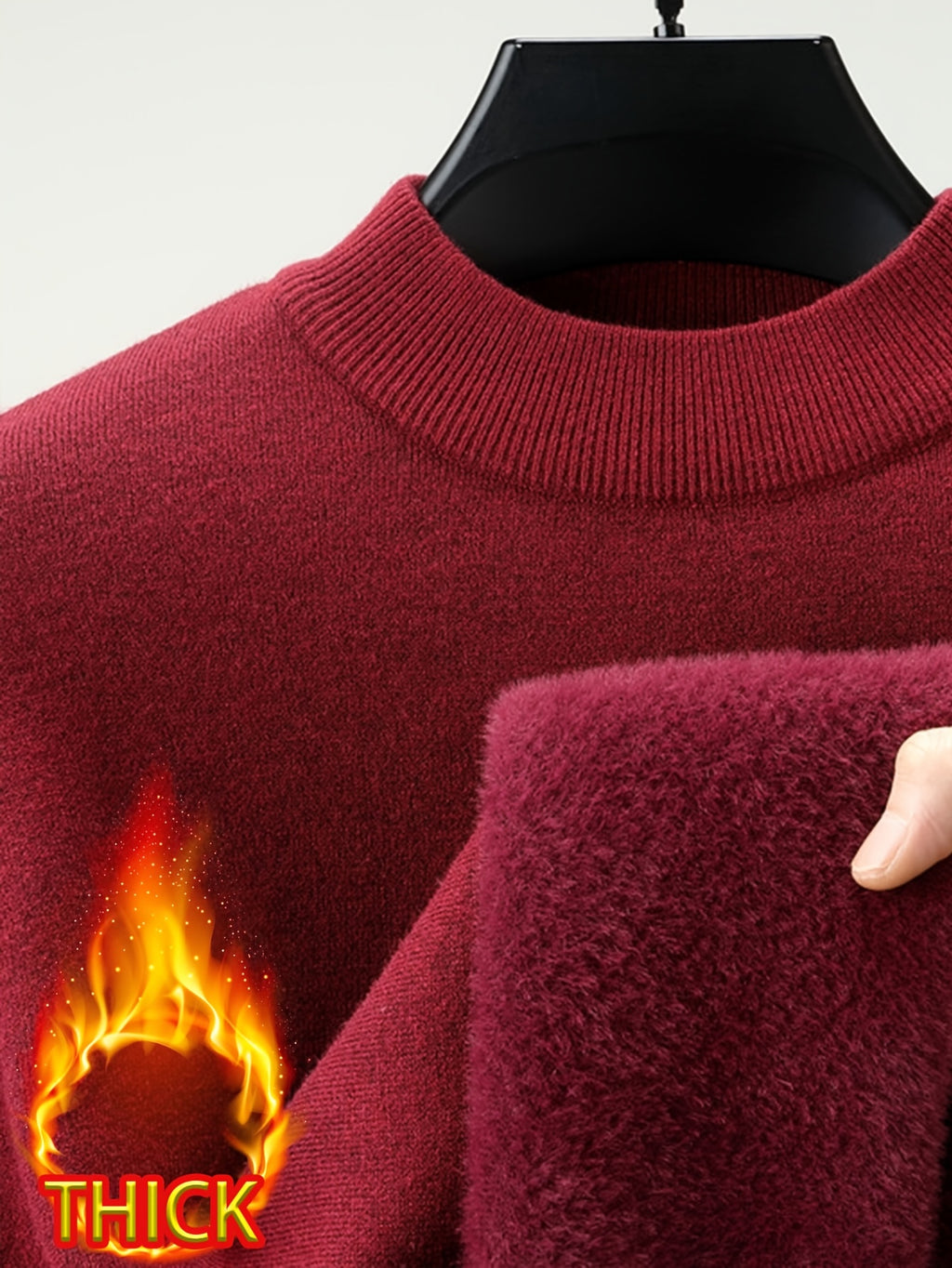 Men's Half-Turtleneck -Lined Thickened Warm Sweater, Featuring a Classic Half-turtleneck Design That Fits Snugly Around the Neck for Wind Protection and Warmth. Solid Color, Simple and Versatile, Suitable for Both Commuting and Daily Wear - Winery Red