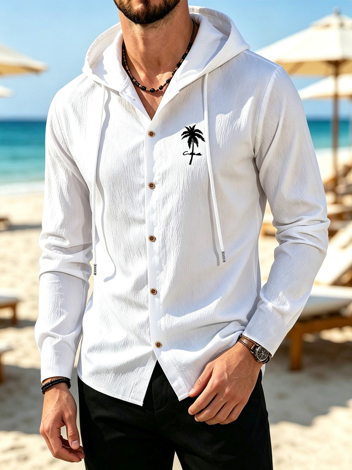 Men's Coconut Tree Print Hooded Long-Sleeve Shirt, Slightly Wrinkled Textured Casual Button-Up Cardigan, Summer Lightweight Breathable Vacation Top, Hawaiian Beach Jacket, Shirt Style + Hood with Drawstring, Suitable for Beach Trips, City Strolls - Big White