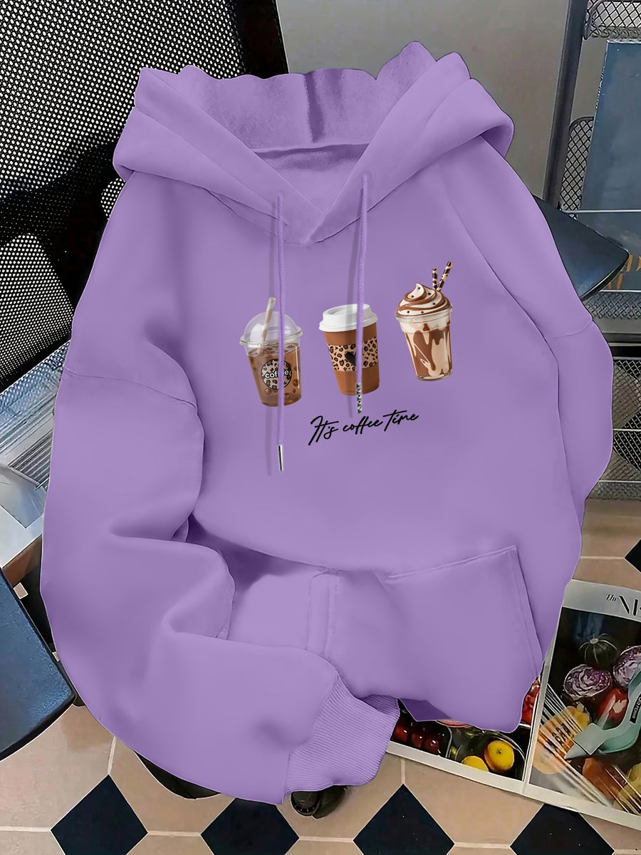 Women's Fashion Hoodie with Three Cups of Coffee H's COFFE TIME Print Kangaroo Pocket Long Sleeve Sweatshirt for Autumn and Winter, Ideal for Daily Casual Wear, Outings, and Parties - Dark Violet
