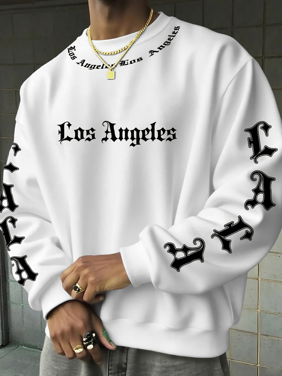 Los Angeles LA All-Over Print Gothic Crewneck Sweatshirt" – A Street-style City-inspired Top! A Must-have for Los Angeles Culture Enthusiasts, Perfect for Trendy Outings and Urban-themed Social Events - White