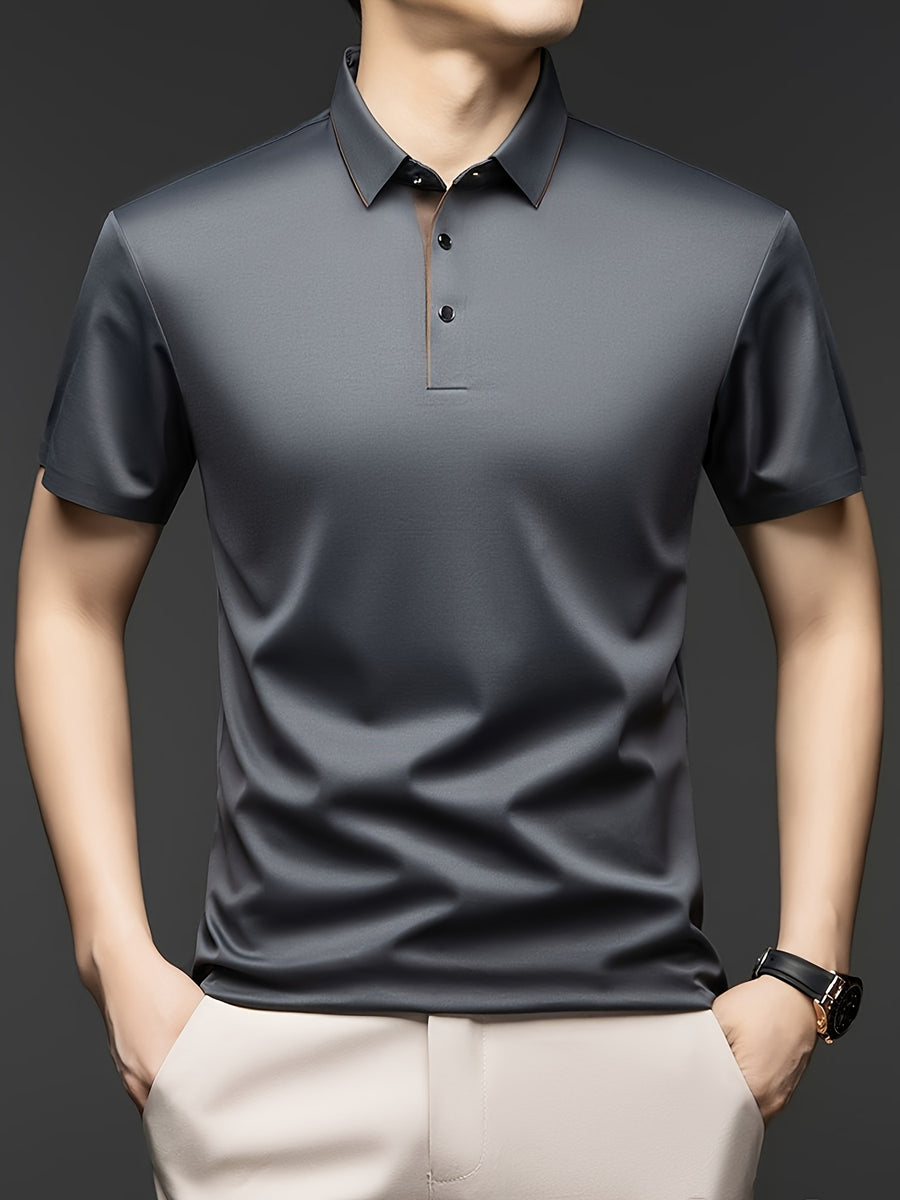 [Shule Water OBM] Summer New Men'S Casual T-Shirt Polo Shirt Mid-Age Solid Color Lapel Short Sleeve Seamless T-Shirt - Grey