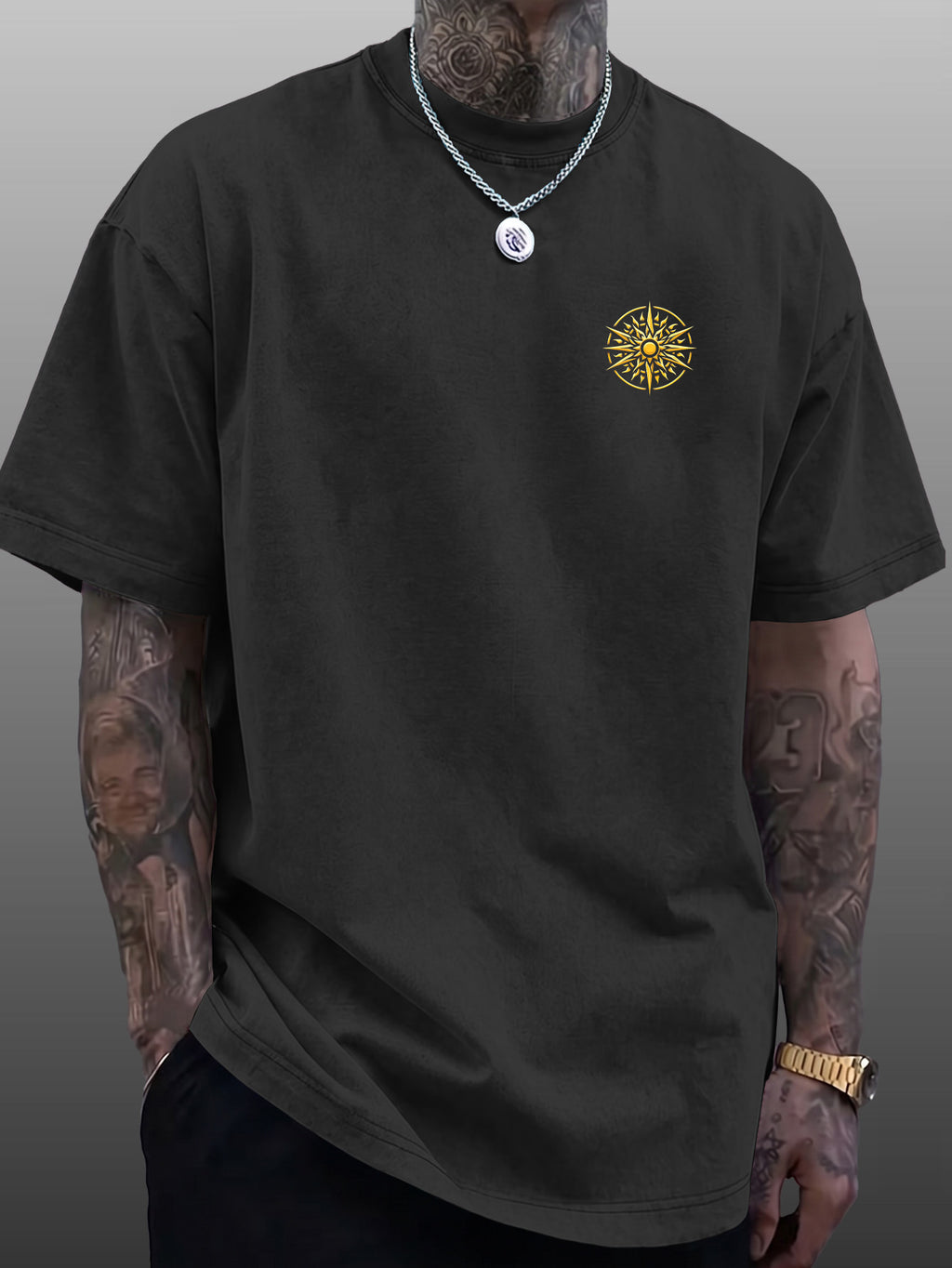 Men's Short-Sleeve T-Shirt, Pure Cotton Loose Fit Washed Distressed Top, Golden Compass Sun Pattern Trendy Reversible Double-Sided Print, Multiple Colors for  Mix & Match, American Streetwear High Street Hip-Hop Style, for Daily Outings - Black