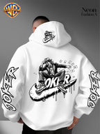 Warner Bros. Official Men'S Autumn Winter Trendy Print Hooded Fleece Sweatshirt, Long Sleeve Pullover Hoodie, Black And White Line Art Skateboard Joker Dripping Graffiti Trendy Print Pattern, Kangaroo Pouch And Drawstring Design - White