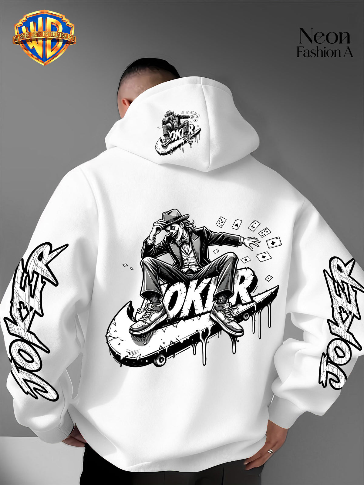 Warner Bros. Official Men'S Autumn Winter Trendy Print Hooded Fleece Sweatshirt, Long Sleeve Pullover Hoodie, Black And White Line Art Skateboard Joker Dripping Graffiti Trendy Print Pattern, Kangaroo Pouch And Drawstring Design - White