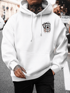 Men's Hooded Sweatshirt with Playing Card Print, Street Style Loose Fit Long Sleeve Pullover, Casual Sportswear Top - White