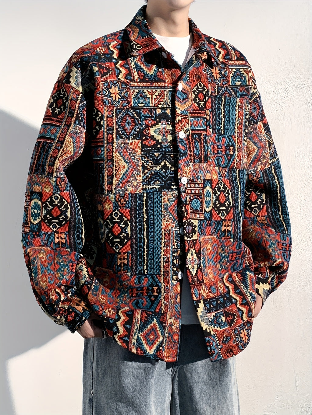 Men'S Sportswear Button-Up Shirt, a Stylish Casual Ethnic Long-Sleeve Shirt Jacket for Men, Made of Thick Composite Fabric, Featuring a Loose Fit, Perfect for Everyday Casual Wear - Red