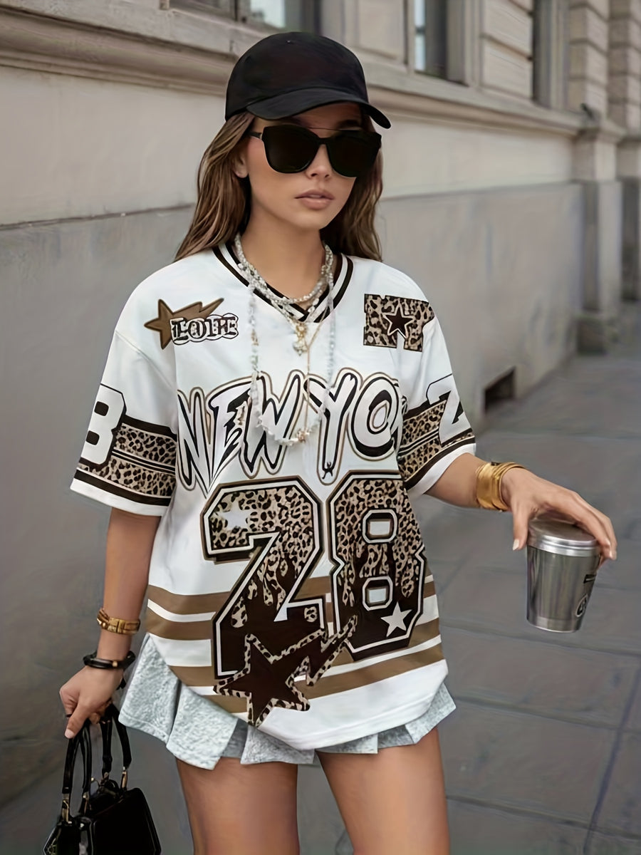 Women'S Top Casual Color-Block Striped Letter And Number Print Short Sleeve Women'S T-Shirt - Multicolor
