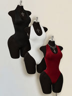 3pcs Set Western Style White Basic Stretch Halter, Backless Slim Jumpsuit Base Layer Djz2605251601964483 - Black+white+wine Red
