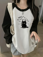 Spring/Autumn Fashion Cartoon Cat Print Contrast Off-Shoulder Women'S Long Sleeve T-Shirt Trendy Loose Casual Versatile Style Ladies Top Perfect Choice for Spring And Autumn - White