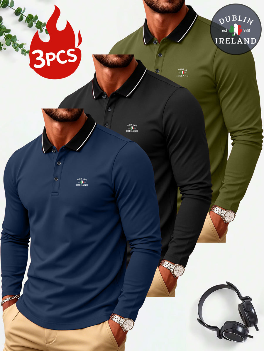 3pcs Men's Long-Sleeve Polo Shirt Set, Golf Business Casual Sport Lapel Top, Multiple Colors Available, Spring/Autumn Base Layer, Solid Color Simple Style, Breathable, Wrinkle-Resistant, and Easy-Care Top - Navy Blue-Black-Military Green