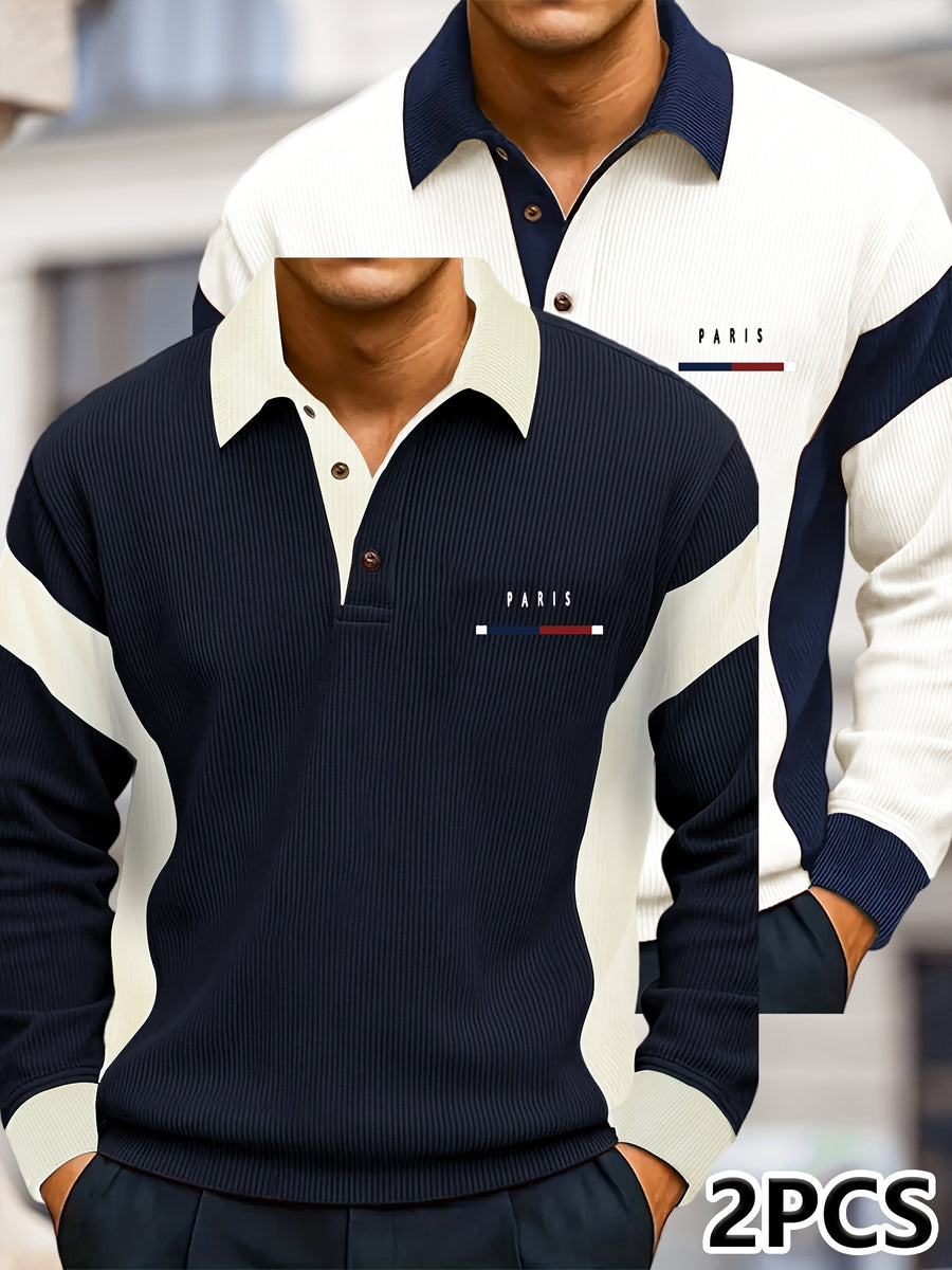 Men's Color-Block Spliced Long-Sleeve Polo Shirt Two-pc, Vertical Stripe Texture, Letter Print Lapel Top, Spring/Autumn Business Casual Versatile 2pcs Men's Sweatshirt Set - White+Navy Blue