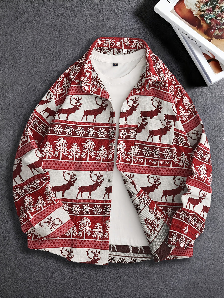 Men'S American Retro All-Over Floral Woven Teddy Bear Shirt Jacket, Men'S Autumn Premium Trendy Brand Bad Boy Influencer Casual Shirt - Red