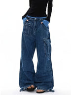 Spring Summer New American Retro Multi-Pocket Cargo Wide-Leg Jeans, High-Waist Floor-Length Style with Adjustable Cuffs, Medium-Wash Distressed Blue, American Workwear And Millennial Wide-Leg Trendy Women'S Denim Trousers - Medium Blue