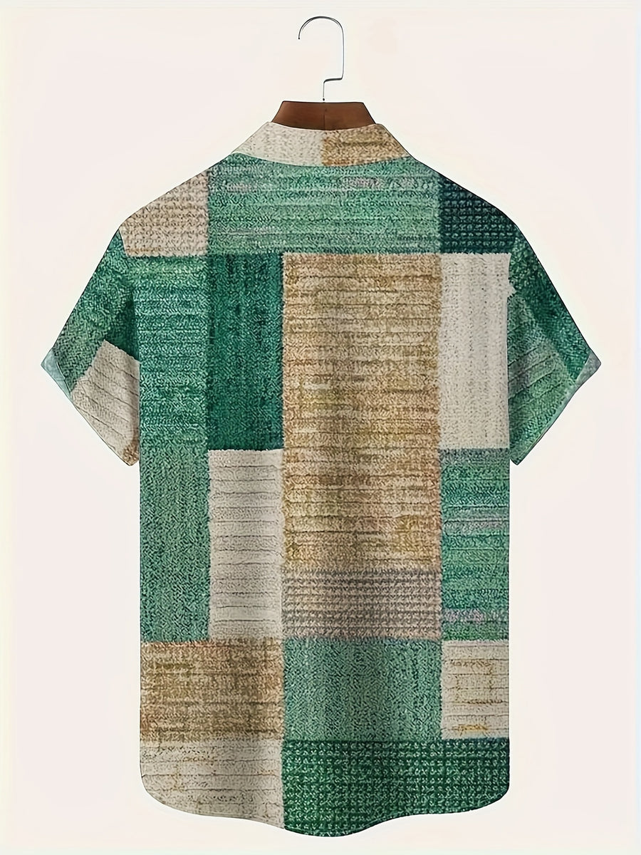 Men'S Vintage Geometric Pattern Short Sleeve Button Up Casual Shirt with Pocket, Fashion Top for Outdoor Activities Holiday As Gifts - Green