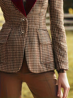 Spring Autumn Winter Fashion Retro Velvet Lapel Houndstooth Single-Breasted Blazer - Khaki