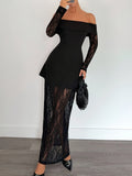 Ladies Elegant and Exquisite Shoulder Slim Waist Lace Stitching A-word Party Dress Little Black Dress Fashion Dress Long Dress - Black