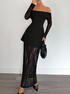 Ladies Elegant and Exquisite Shoulder Slim Waist Lace Stitching A-word Party Dress Little Black Dress Fashion Dress Long Dress - Black